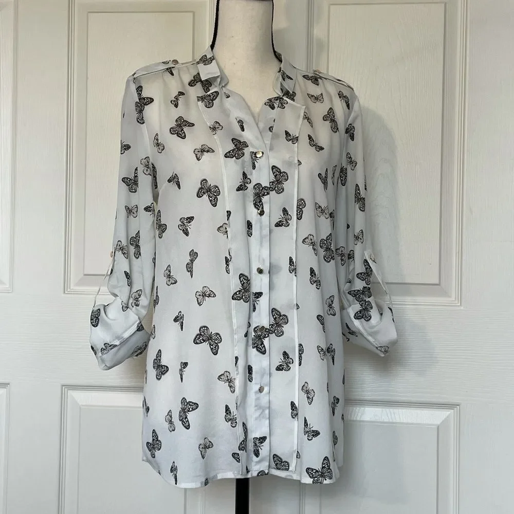 OASĀP Semi-Sheer Button Down Butterfly Blouse, L - Picture 8 of 16
